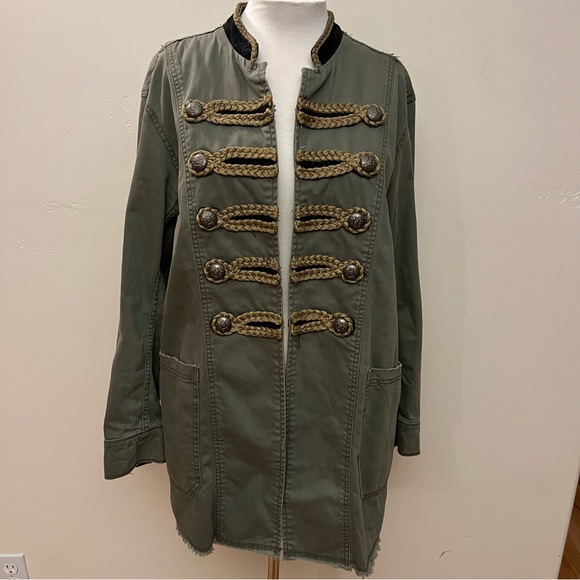 Free People Passenger Military Distressed Moss Utility Jacket Gold Braid Accents - Picture 5 of 9